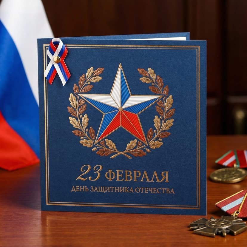 Открытка на 23 февраля с патриотическим дизайном — сгенерировано нейросетью
